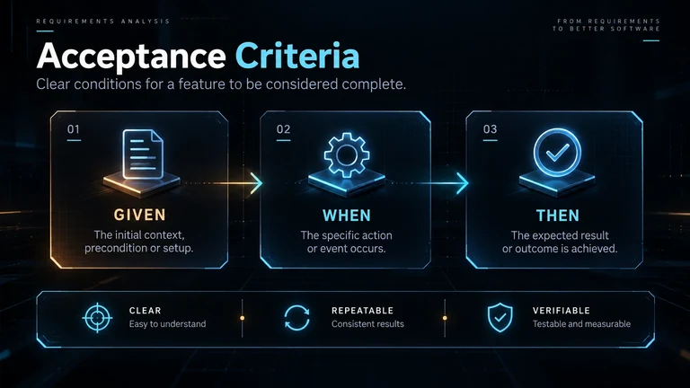 Given, When, Then acceptance criteria flow: the initial context, the specific action or event, and the expected result, checked for being clear, repeatable and verifiable
