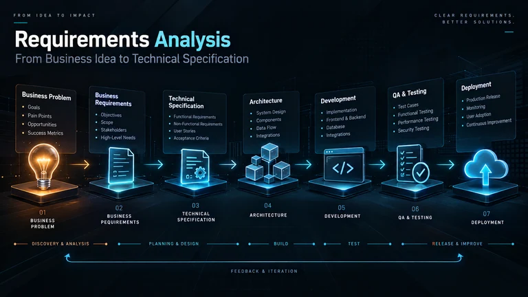 Requirements analysis workflow from business problem, business requirements and technical specification through architecture, development, QA and testing to deployment, with a feedback and iteration loop