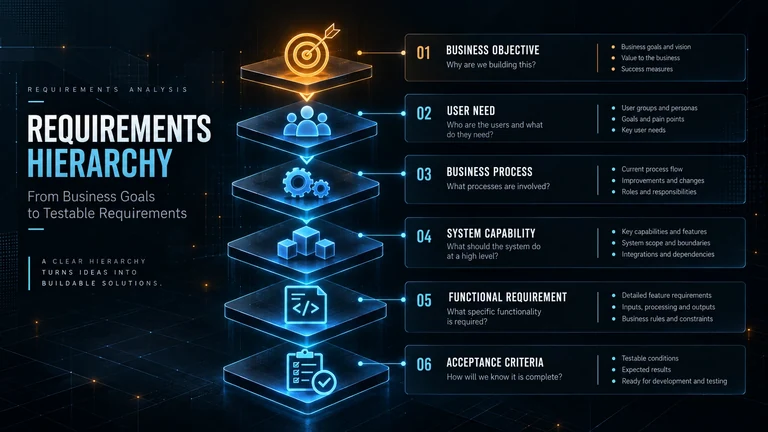 Requirements hierarchy showing six levels from business objective and user need through business process and system capability to functional requirement and acceptance criteria