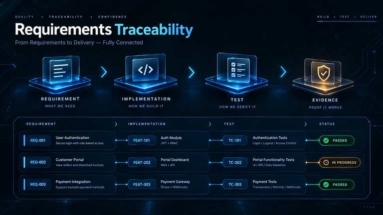 Requirements traceability from requirement to implementation, test and evidence, with a table of requirement, feature and test case IDs and their status