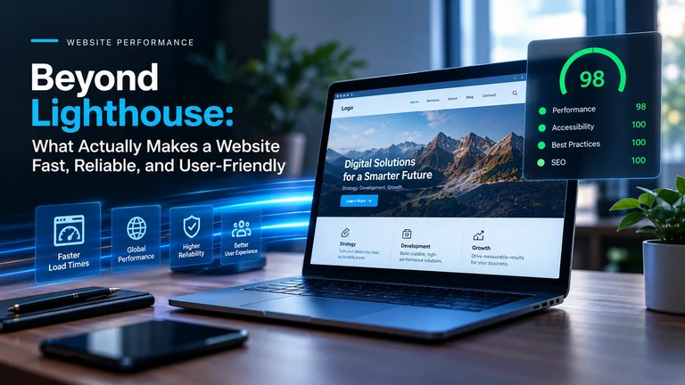 Illustrative graphic titled Beyond Lighthouse: a laptop showing a website beside a performance gauge, with icons for faster load times, global performance, higher reliability and better user experience
