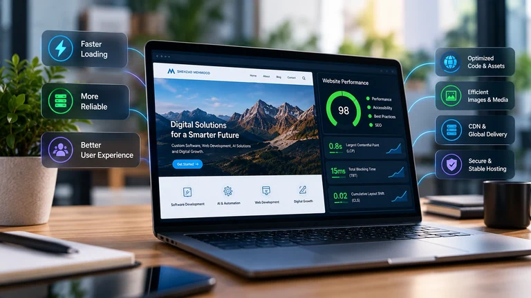 Illustrative laptop with callouts for faster loading, reliable hosting, optimised code and assets, efficient images, CDN and global delivery