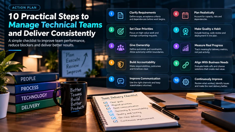 Ten practical steps to manage technical teams and deliver consistently, from clarifying requirements to continuous improvement, beside a team delivery checklist