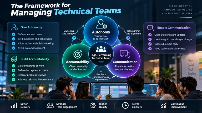 Framework for managing technical teams: autonomy, accountability and communication supporting a high-performing technical team, with feedback and continuous improvement