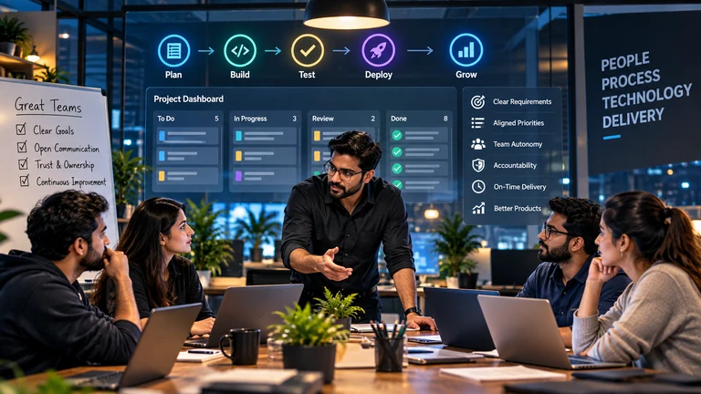 A technical team meeting around a project dashboard with Plan, Build, Test, Deploy and Grow stages, beside the words People, Process, Technology and Delivery